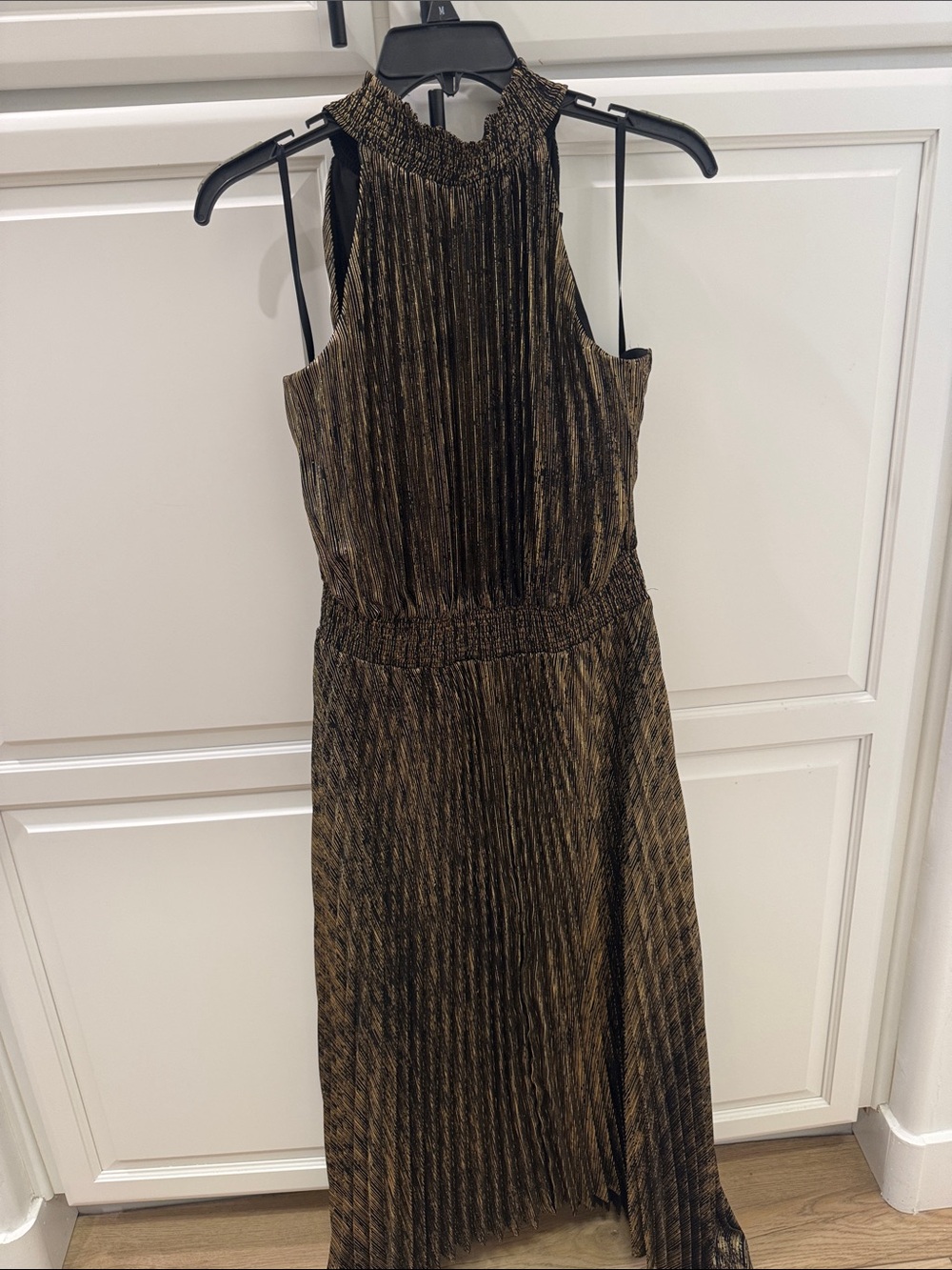 White House Black Market Metallic Black and Gold Pleated Maxi Dress
